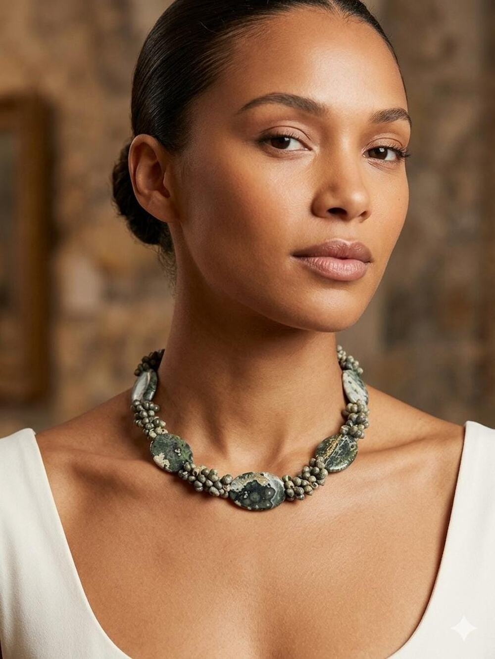 Ocean Tide Necklace – Ocean Jasper and Shell Cluster Collar